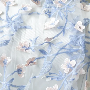 0,5 M/lote 130 cm de largura Aqua 3D azul floral macio, bordados de tecido de malha feitos à mão casamento Hanfu roupas de tecido de renda X474