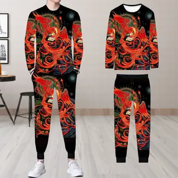 2021 novos homens plus size de manga comprida T-shirt casual calças dos conjuntos de 2 peças de estilo Chinês, 3D animal de vaca phoenix impressão de jovens terno