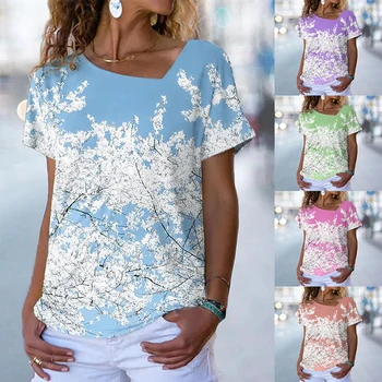 2022 Verão as Mulheres Elegantes do Tema Floral Pintura de T-Shirt Floral Cor de Impressão de Bloco V Tops com Decote em XS-9XL