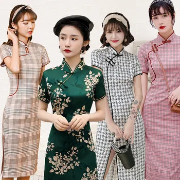 2022 Verão Vintage Stand Colar De Xadrez De Manga Curta Cheongsam Chinês Tradicional Vestido Para As Mulheres Casual Qipao Ao Dai Vietnã