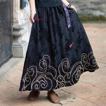 2023 chinês tradicional vintage saia nacional de flores bordado cetim jacquard saia oriental cintura elástica popular de uma linha de saia
