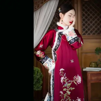 2023 Inverno Dinastia Qing Vintage Vinho Vermelho Stand Colar De Flores Impressas Grossa E Longa Vestido Cheongsam Antigos Banquetes Vestido De Noite
