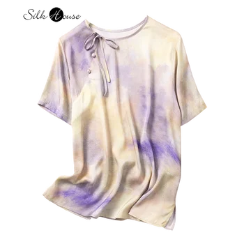 2023 Moda feminina Verão Novo Fresco Pequeno Roxo Tie Dye Lado de Dois botões, Manga Curta 92%Natural Amoreira Seda T-shirt
