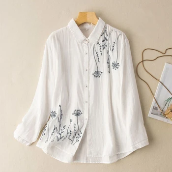 2023 Novo Branco Simples De Algodão, Camisas Vintage Bordado Botão Confortável Blusa Casual Manga Longa Solta Tops Mulheres De Roupas