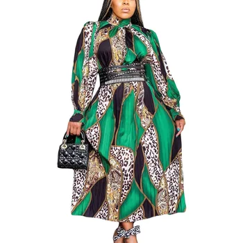 2023 Novo Tamanho Grande Gola da Veste Vestidos Abaya Vintage Impressão Geral de manga comprida, alta de cintura plissadas Africano Vestido das Mulheres