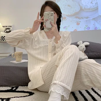 2023 Primavera de Manga Longa de Algodão Sexy V-pescoço do Pijama Conjuntos para as Mulheres coreano Bonito Laço roupa de dormir de Pijama Homewear Pijamas Mujer Roupas