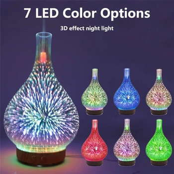 3D-de-Artifício de Vidro Difusor de óleos Essenciais Umidificador Usb Aromaterapia Grão de Madeira Vaso Aroma 7 Cores de Luzes Para a Casa Lâmpada Led