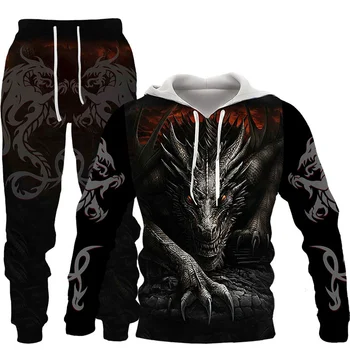 3d dragon impressão de moda masculina de moletom + calças esportivas de duas peças soltas casual de sportswear pulôver de primavera e outono, homens de terno