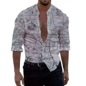 40% Dropshipping!!Camisa Casual Mapa Imprimir Fresco Respirável, Manga Longa, Fechamento dos Botões Camisa de Homens para Férias