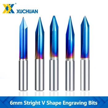 6mm Haste 2 Flautas Retas Gravura Bits Nano Azul Revestido Forma de V, o Moinho de Extremidade do 15/20/25/30 Grau Dica 0.3-1.0 mm CNC Escultura Bits