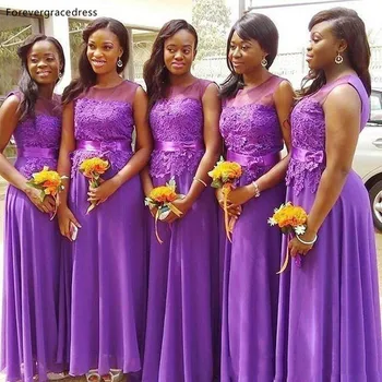 Africana Roxo Laço de Dama de honra Vestidos de Noiva Chiffon Meninas Convidado dama de Honra Vestidos Feitos sob Medida Plus Size Disponível