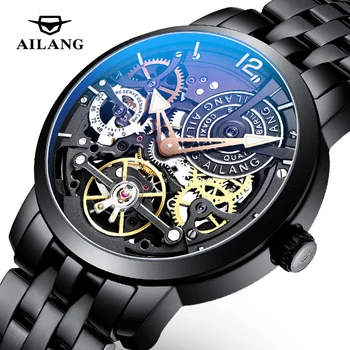 AILANG Homens Relógio Marca de Topo 2023 Nova Moda Turbilhão Esqueleto Relógio Mecânico Preto pulseira de Aço Automáticas Para Ver os Homens Reloj