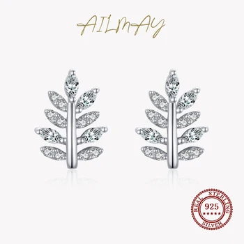 Ailmay 100% 925 Silver Sorte de Folha de Árvore Brincos de Luxo Espumante CZ Brincos Para Mulheres Aniversário da Jóia de Presente
