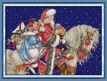 Alegria de domingo Pré-impresso de Ponto de Cruz, Kit Fácil de Padrão de Aida Estampado de Tecido Bordado Set-Papai Noel e as Crianças Cavalo