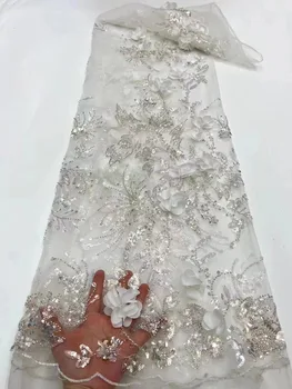 Branco, Flores em 3D Africana Tecido do Laço Frisado Com Paetês e Renda francesa Apliques de Tecido de Tule de Renda Para Noivas Vestido de Festa de Casamento