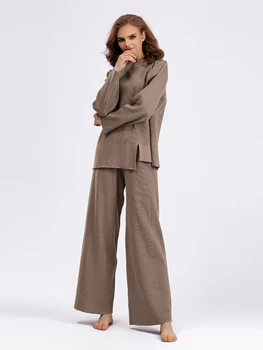 Conjuntos de calças para as Mulheres 2023 Outono Inverno Novo Camisola de Malha Frouxa Casual Grande perna de Calça de Conjuntos de Sólidos Pulôver de Malha Roupas de Mulheres