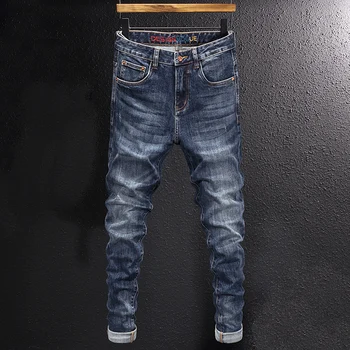Designer De Moda Homens Jeans Retro Azul Elástico De Ajuste Fino Ripped Jeans Homens Calças Bordados Vintage Casual, De Jeans, Calças De Homem
