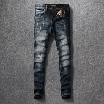 Designer De Moda Homens Jeans Retrô Preto Azul Elástica Do Estiramento Slim Fit Jeans Rasgados Homens De Alta Qualidade Vintage Denim, Calças De Homem
