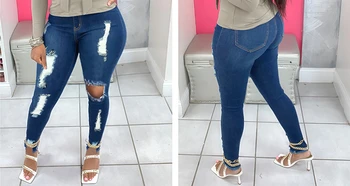 Estilo de rua da Cadeia de Moda Rasgado Trecho Slim Jeans de Senhoras de Calças de Brim de Roupas femininas