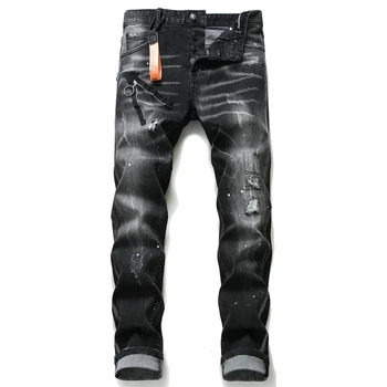 Europeia Itália Homens Azuis Marca de Moda Jeans, Calças de Homens Magros Jeans Skinny Moto & Motociclista calça Jeans do Tornozelo-Comprimento de Calças Buraco Jeans para Homens