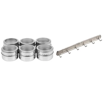 Família de Metal de Parede de 6 Ganchos Toalheiro Cabide 15inch Longo com 6Pcs Claro Tampa Magnética Spice Jar