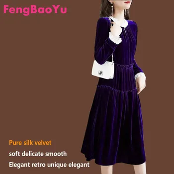 Fengbaoyu de Veludo Primavera, Outono Senhora manga comprida, Gola Redonda de tamanho Médio Elástico na Cintura Laço de Costura Vestidos Frete Grátis