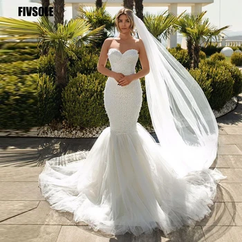Fivsole Sereia Moderna Vestidos De Noiva De Renda Applique Saia De Tule 2022 Vestidos De Noiva Elegante Dubai Mulheres Trem Da Varredura