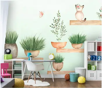 Foto 3d papel de parede personalizado mural Europeu desenhado à mão, o cacto de plantas tropicais, animal gato de decoração de sala de estar papel de parede para parede 3 d