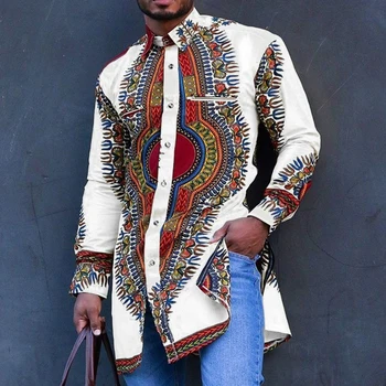 Homens africanos de Roupas de estampa Étnica UE Tamanho Tops de Casamento Vestir Clássico de Homens, Camisas Longas da Luva Tradicional Casual Tee Tribal
