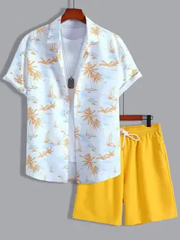 Homens Aleatórios Tropical Camisa De Impressão & Cordão Shorts De Cintura Sem Tee