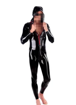 Homens quentes Latex Catsuit de Látex Bodysuit Com Chapéu Frente de Zip e Virilha ZIP