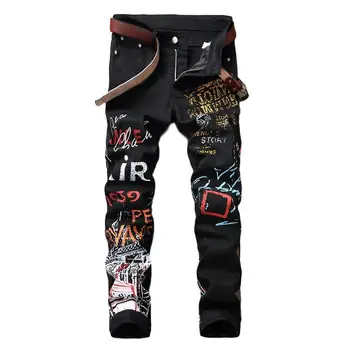 Idopy Homens Hip Hop Jeans Moda Impresso Gótico Slim Fit Clube De Noite Punk Algodão Preto Letras Pretas, Calças Calças