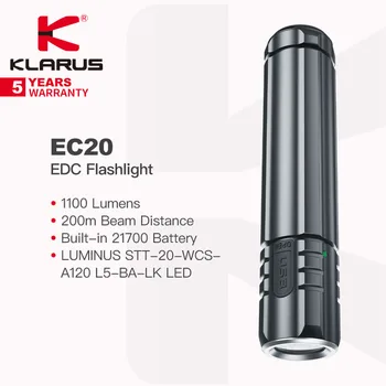 Klarus CE20 Portátil EDC Lanterna Recarregável 21700 Bateria, 1100 Lúmens 200m de Distância de Feixe, para Acampar, Uso Diário