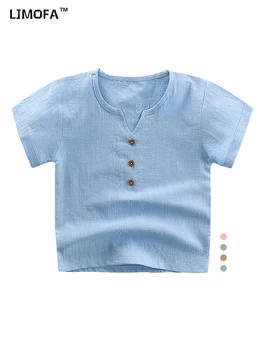 LJMOFA Vintage Roupa de Algodão Meninos T-shirt Para Criança Bebê Garota Verão Casual, Roupa Infantil Doce Sólido de Cor Suave Tops D127
