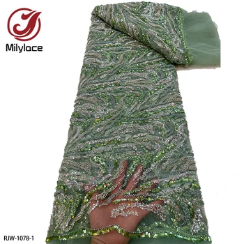 Luxo Pesado Frisada Lace Fabric Dubai Paetês Bordados de Tecido Africano de Tule Tecido de Malha para a Noite DressSewing RJW-1078