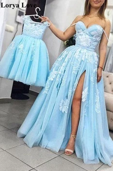 Luz Azul Dividir Vestidos De Baile 2020 Novas Mãe E Filha Tule Festa Formal Vestidos De Noite Elegantes Apliques De Renda Vestido De Festa Religiosa