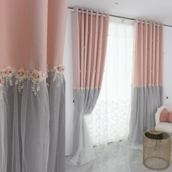 Luz de Luxo coreano Princesa Cortinas para Sala de estar e Quarto Cinza cor-de-Rosa Lace Princesa de Quarto de Menina do Chão ao teto, janela de Emenda