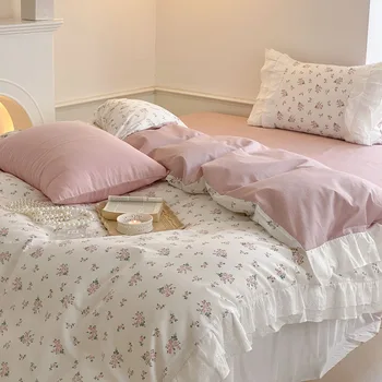 Maquineta de Impressão plissado laço conjunto de roupa de cama floral suave de algodão rainha conjunto de roupa de cama simples folhas de capa de edredão de cama de princesa linho