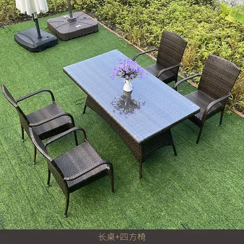 Mobiliário de exterior terraço de vime, tecido de mesa e cadeira combinação de café com lazer e simples cadeiras de vime
