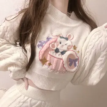 Moda de Inverno da Menina Jumper Harajuku Mulheres de Camisola Kawaii coelho Solto e Casual Pulôver Feminino Streetwear Suéter de Malha Mujer topo