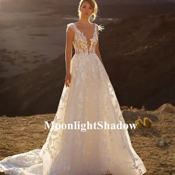 MoonlightShadow Spagtetti Staps de Casamento Vestido de V Profundo Decote em Uma linha-sem encosto Vestidos de Noiva sem Mangas Vestido de Noiva Robe De Mariée