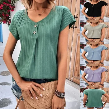 Mulheres de Verão Tops Plus Size Moda de Roupas de Manga Curta Casual Botão Solto Blusas com decote em V Cor Sólida Listrado T-shirts