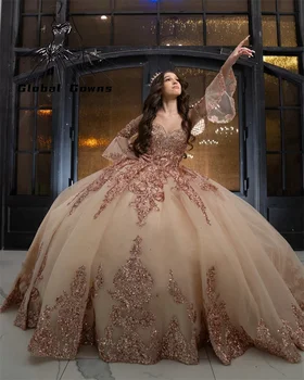 México Rosa De Ouro Sequin Vestido Quinceanera 2023 Querida Esferas Plus Size Espartilho Vestido De Baile Plissado Vestido De Baile De Luxo Sweet 16