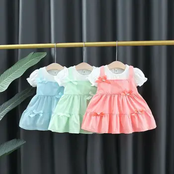 Novo bebê, roupas de verão para crianças de vestido de manga curta bebê meninas falso dois pedaços de meninas' casual, vestido de princesa 1-4Y