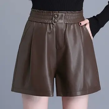 Novo Shorts Mulheres de Cintura Alta de Couro PU Shorts Mulheres Primavera, Outono e Inverno Ajuste Solto Calças de Couro Arrancar a Calça Mujer T790
