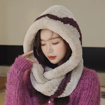 O Coreano Inverno Quente De Tecido De Pele Senhoras Chapéu De Luxo 100% Rex Rabbit Fur Cachecol, Chapéu De Novo Ao Ar Livre Macio Frio Prevenção Cachecol, Chapéu
