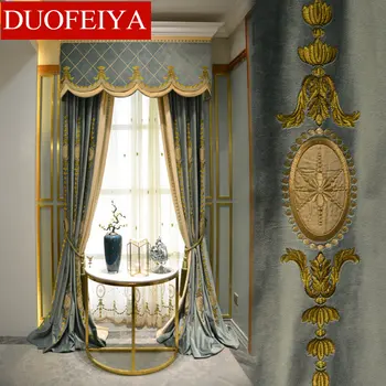 Personalizado cortinas Europeia sala de estar de alto grau de bordados holandês de veludo azul de pano, cortinas blackout saia de tule drapeado B407