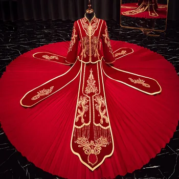 Phoenix Beading Bordado De Borla Veludo Casar Cheongsam Chinês Tradicional Noivo Noiva Vestido De Noiva Vestito Da Sposa