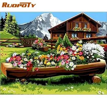 RUOPOTY Imagem Por Números Para Adultos 40x50cm Quadro de Flor de Casa Na Montanha Pintura de Paisagem Handmade da Sala de Casa Decorações