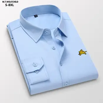 S-8XL de Alta Qualidade Clássico dos Homens Blusa Sólido Bordado de Logotipo Homens de Camisa de Manga Longa de Negócios Mens Camisas Slim Fit Roupas Tops